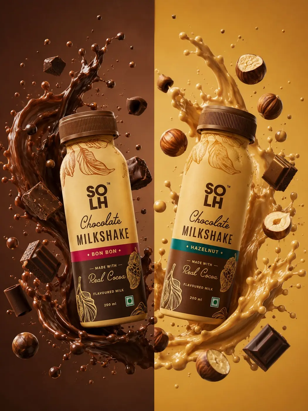 Bon Bon and Hazelnut bottles suspended in chocolate splashes